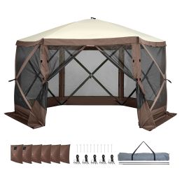 Pop Up Gazebo Tent, Pop-Up Screen Tent 6 Sided Canopy Sun Shelter with 6 Removable Privacy Wind Cloths & Mesh Windows (Color: Brown, Item Size: 12.5 x 12.5 ft)